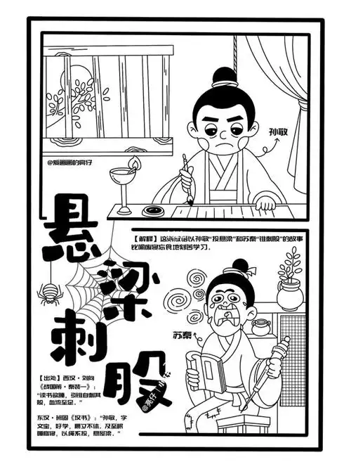 成语故事悬梁刺股线稿