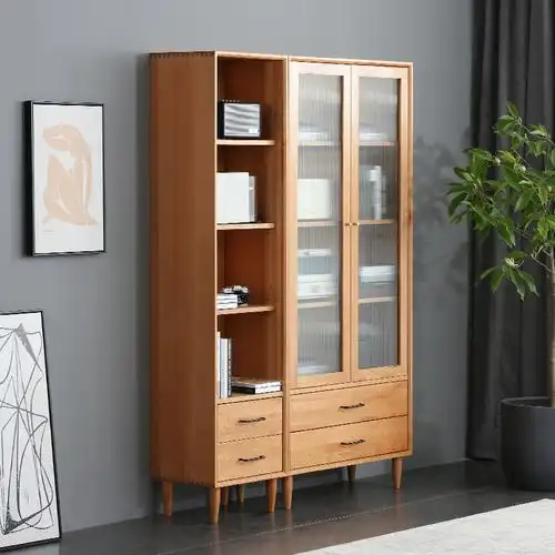 北欧樱桃书房原木展示柜玻璃书橱桃木日式欧纯单个书柜