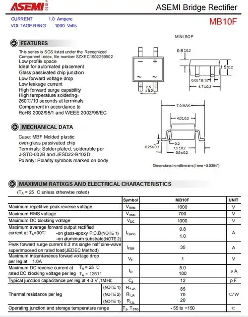 mb10fasemi适配器专用整流桥mb10f