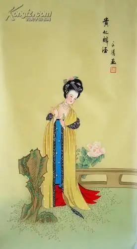 山东画院高级画师"于文清"绢丝工笔人物画精品《贵妃醉酒》真迹100*50