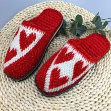 毛线拖鞋中式拖鞋婚嫁家居拖鞋防滑毛线拖鞋情侣 红色 金丝爱心毛线拖