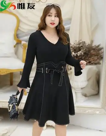 胖人女装显瘦款连衣裙大码女装胖mm假两件裙子 黑色 p1建议130-150斤