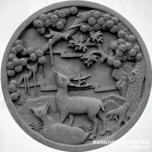小李家四合院圆形仿古照壁浮雕文化墙青墙砖58cm松鹿图砖雕影壁