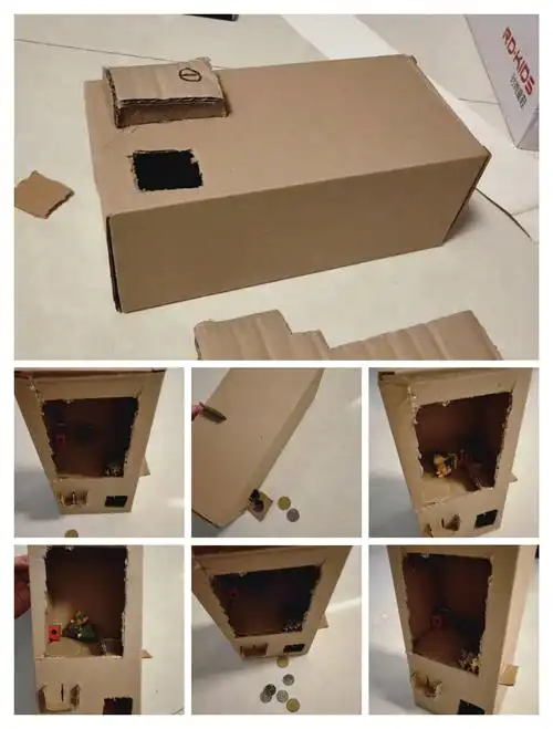 在家里利用纸盒设计的一个投币机,只要把硬币放进去,就可以得到里面的