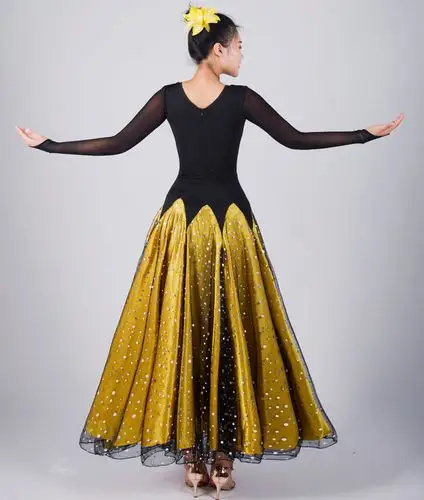 新款国标舞裙摩登舞裙交谊舞裙跳舞裙大摆裙连衣裙集体演出服 黄色 s