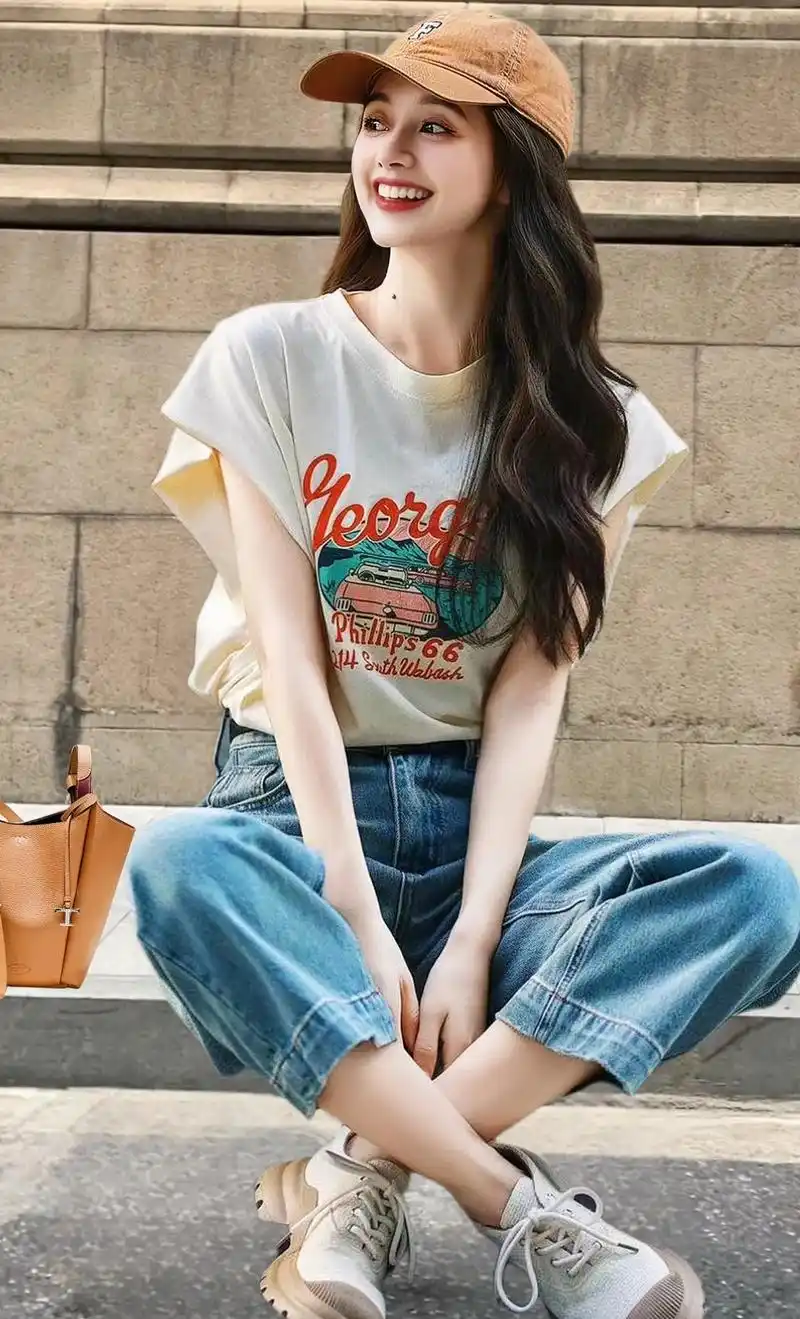 夏日美式休闲风穿搭来啦～这款复古印花正肩无袖t恤搭配高腰牛仔阔腿