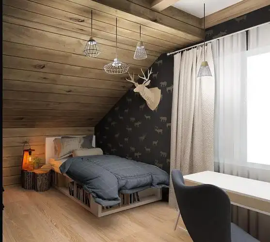 男孩子的房间颜色就会比较深沉,可以用一些有设计感的装饰物来点亮