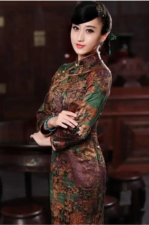 雀之恋 批发代理 2014秋装新款 九分袖复古长款真丝香云纱旗袍图片_8