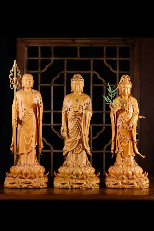 香樟木雕娑婆三圣佛像坐莲婆娑神像站立观音摆件