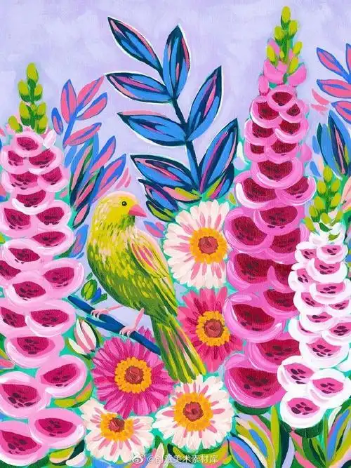 素材 | 鸟语花香水粉装饰画,学习色彩的搭配#儿童画##少儿美术课程