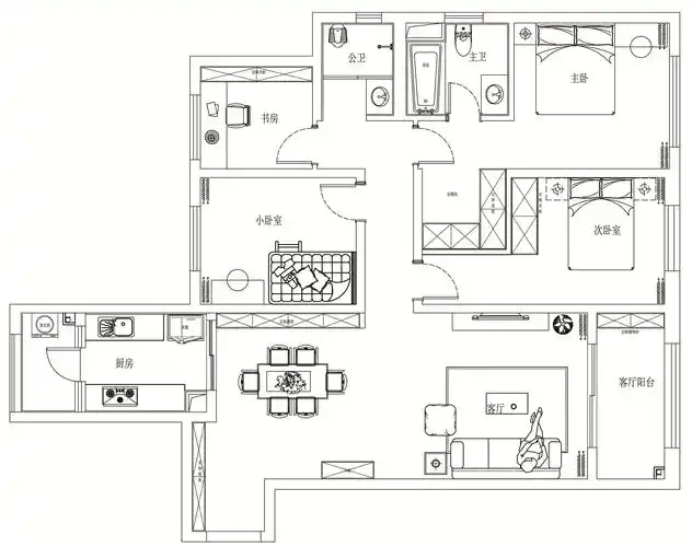动静区分,动线流畅,无太大改动;户型图沙发背景墙则以一组装饰画做