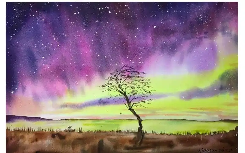 水彩教程 极光星空