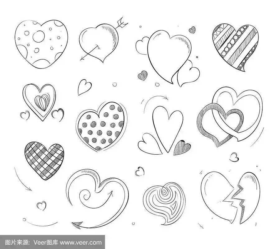可爱的心形涂鸦,用铅笔画出爱的矢量符号