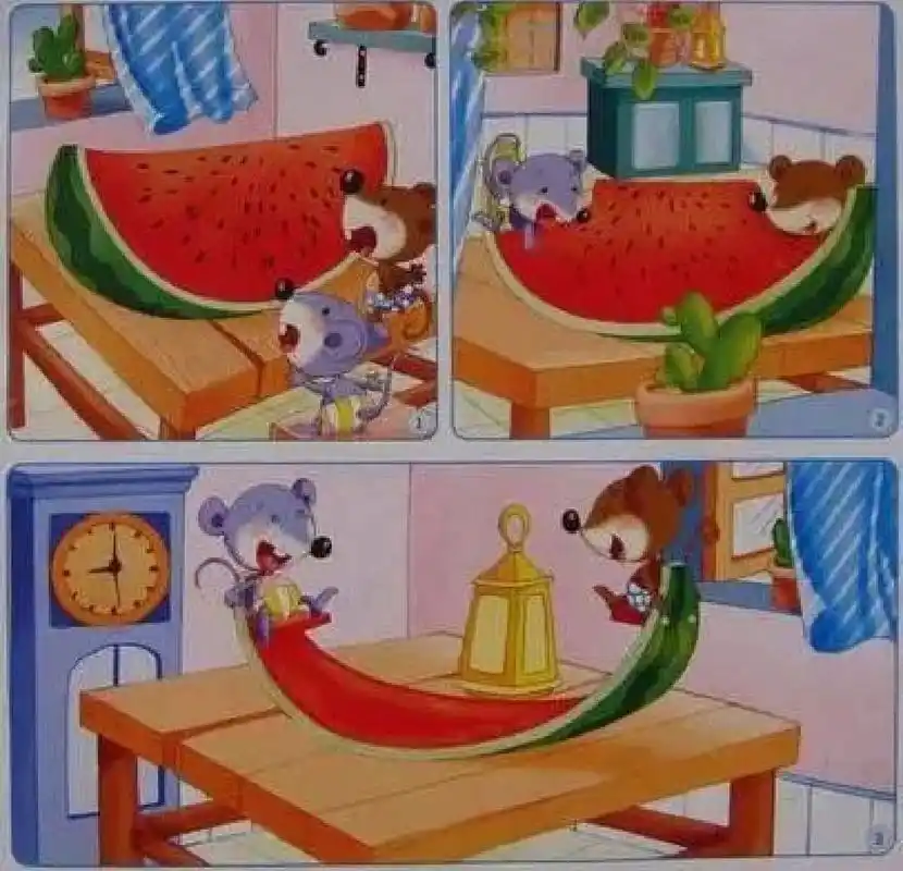 看图写话 小老鼠吃西瓜 夏天到了,赤日炎炎,骄阳似火.