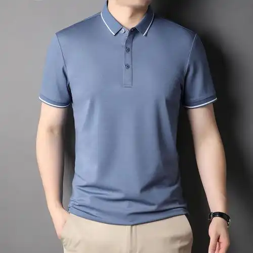 男士夏季翻领短袖t恤新款桑蚕丝polo衫透气撞色条纹商务休闲男装