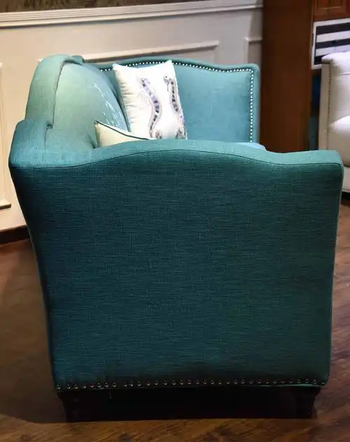 sten斯滕美式孔雀蓝纹饰布艺铆钉三人沙发