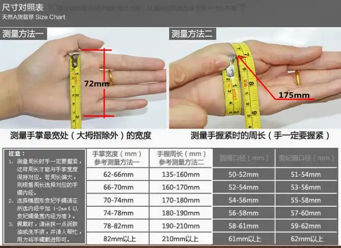 答:①有镯子的参考之前镯子的内径选;②量下掌宽,看下面表格选尺寸!