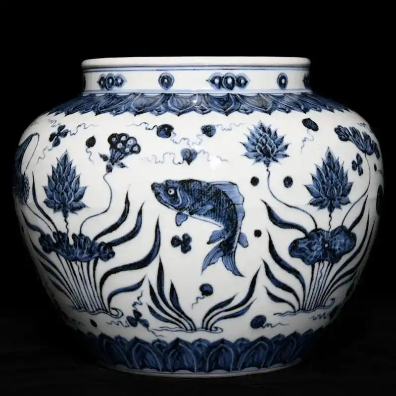 明宣德青花鱼藻纹罐21.8x26厘米 - 抖音