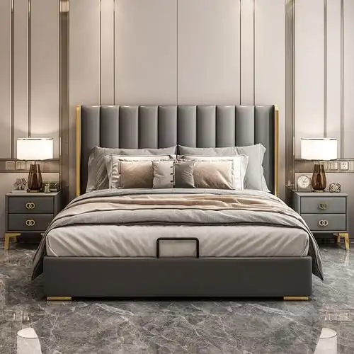 轻奢现代真皮双人床婚床高端大气奢华2021新款皮艺床