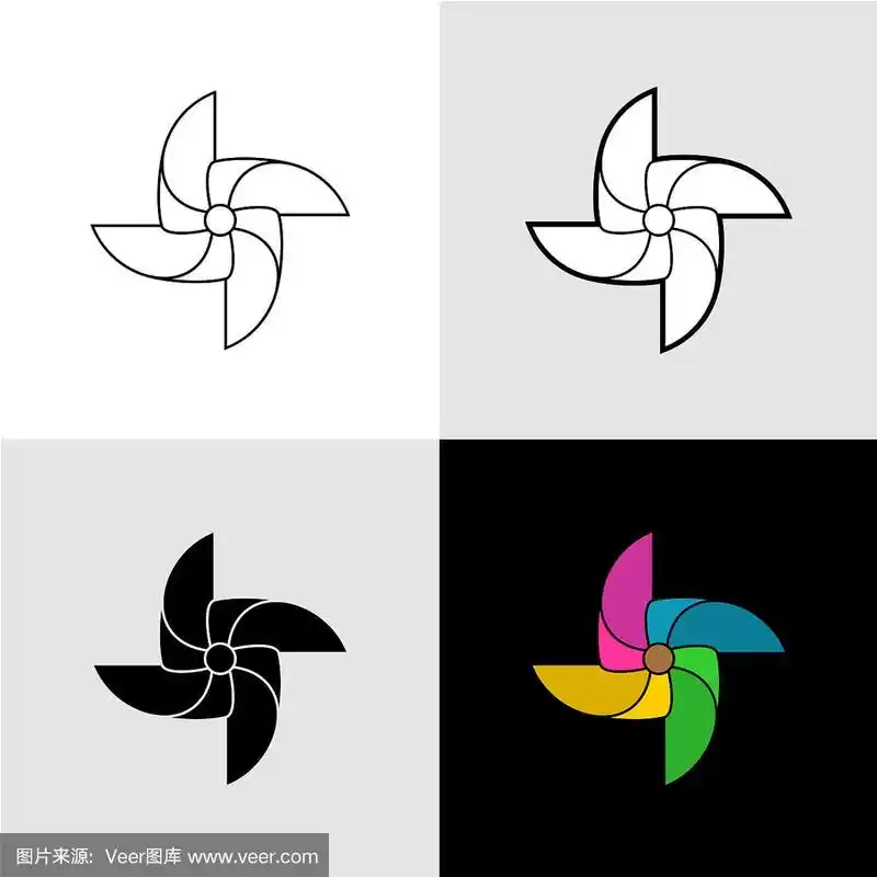 风车矢量轮廓符号插图.单色套装