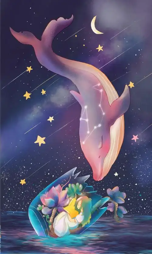 抱着星星的女孩和鲸鱼