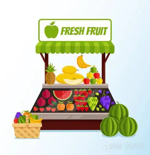 插画 新鲜水果街商店市场充满新鲜水果. 矢量平面卡通平面图形设计.