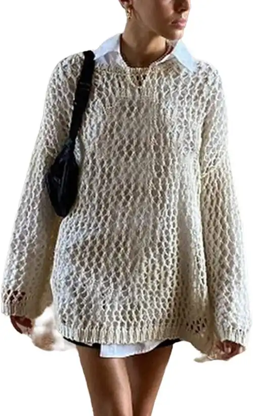 女式 y2k 钩针编织针织镂空衬衫上衣毛衣渔网长袖超大套头衫 t 恤