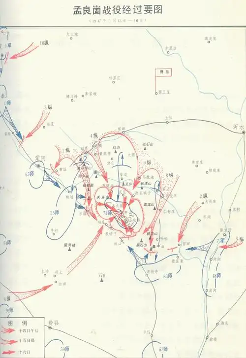 从孟良崮战役经过要图可以看出,此时是以74师为轴心,外围是我军,再
