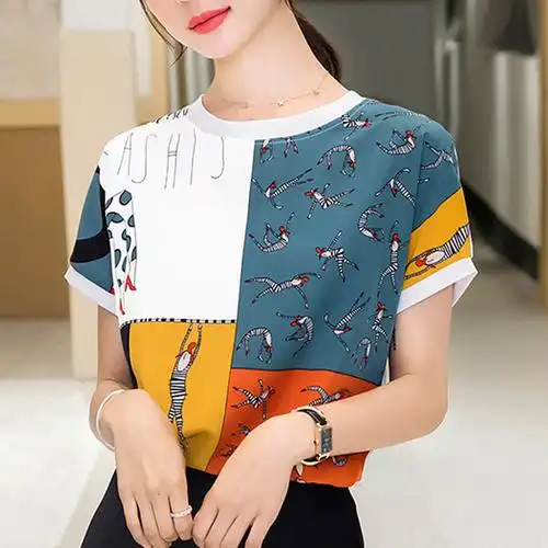 短袖雪纺衫女夏装新款洋气港味时尚t恤拼接宽松印花小衫气质上衣