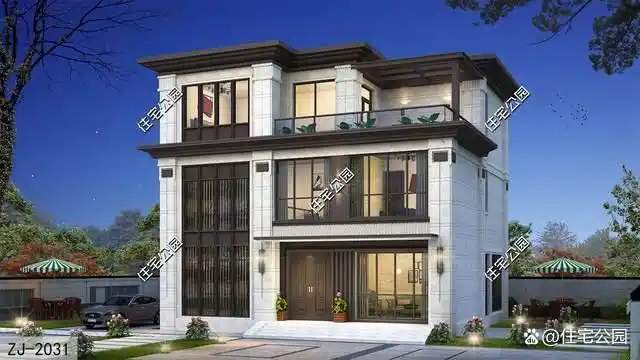 11×11米新中式三层别墅,全景落地窗搭配挑空客厅更通透