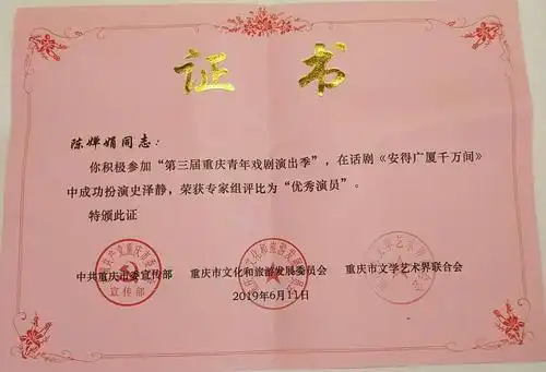 优秀演员奖获奖证书.