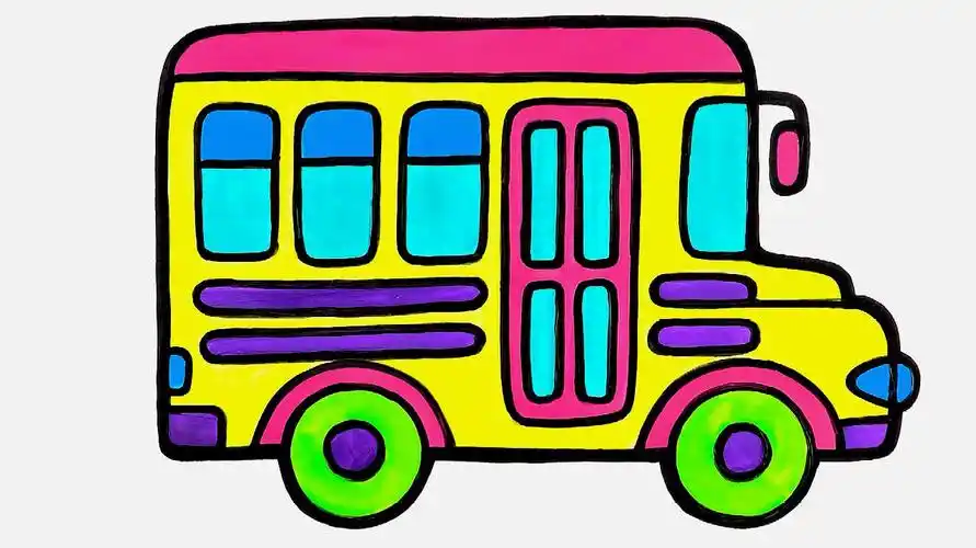 1校车的简笔画:先画校车的两个轮子,然后再画上面的车身,接着把门和