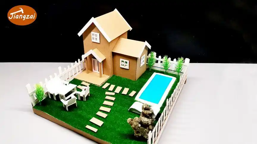 用纸箱和泡沫小盒子做一个带泳池和花园的漂亮小房子