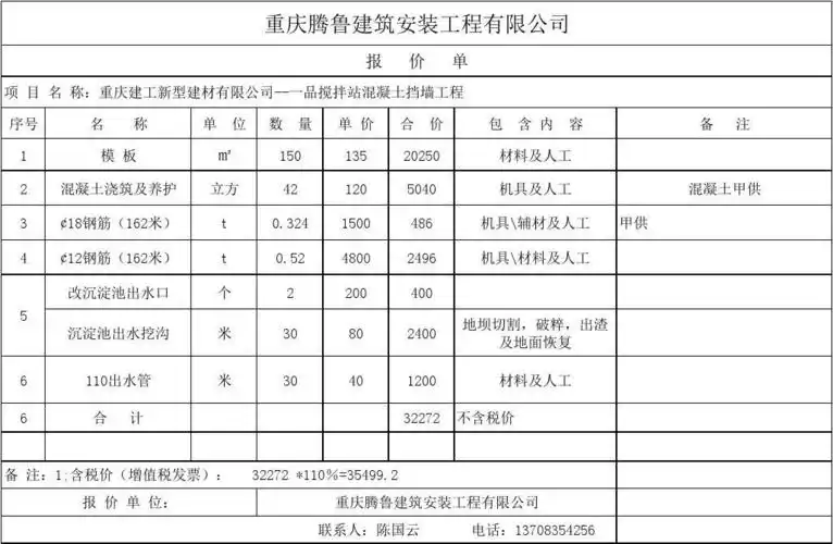 混凝土挡墙工程报价单--腾鲁 2016-4-26