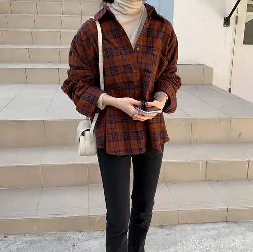 女新款格子纯棉磨毛衬衫宽松百搭打底内搭衬衣加厚大码2022春秋季