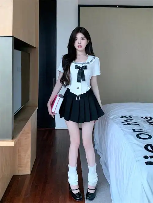 实拍实价~个性蝴蝶结甜辣风学院修身收腰水手服方钻百褶裙jk套装 - 17