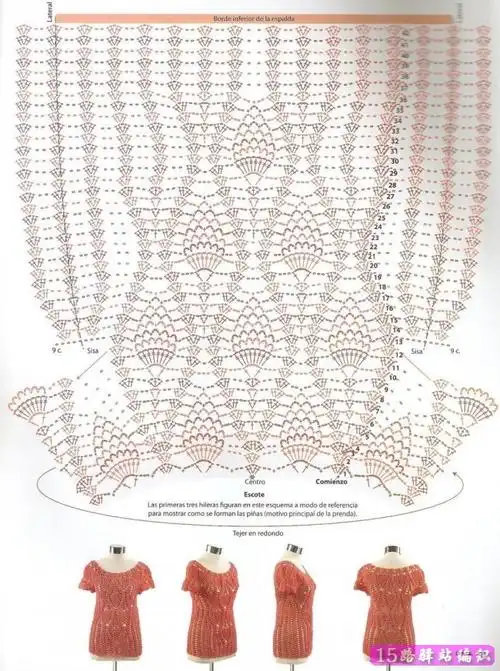 美丽的倒菠萝花套头短袖钩衣图解|钩针花样图解