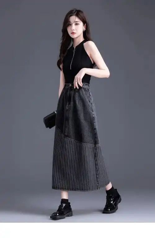 wgai 牛仔半身裙女秋冬季中长款黑灰色牛仔裙冬季今年流行高腰字半身