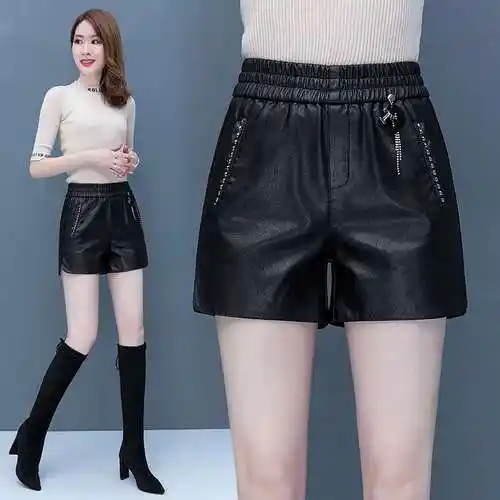 皮短裤女2022年新款秋冬季高腰休闲外穿冬款皮裤女士pu皮a字靴裤