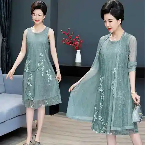 2022新款裙子女夏妈妈夏装套装两件套大码显瘦中老年a字裙连衣裙