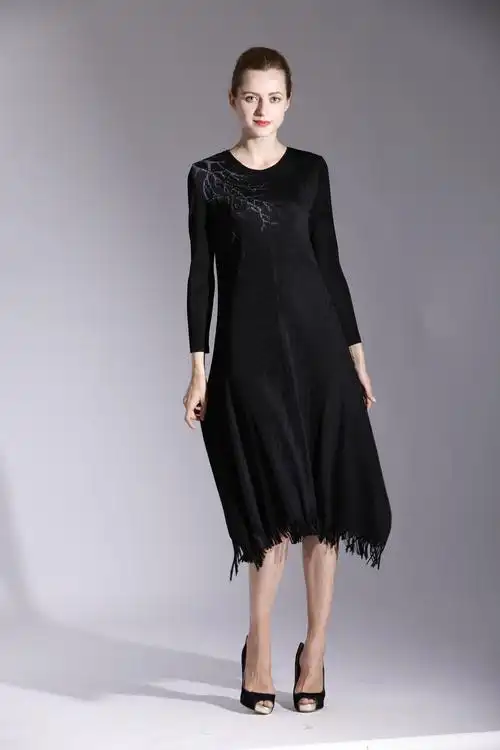 三宅一生褶皱连衣裙下摆裙泼墨2017春夏新款印花端庄优雅显瘦款女