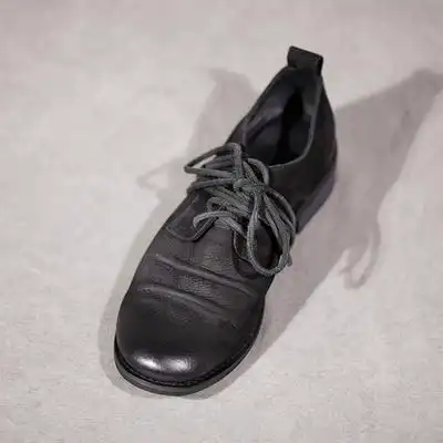 mocha春秋暗黑复古真皮单鞋女手工褶皱圆头皮鞋擦色粗跟绑带秋鞋