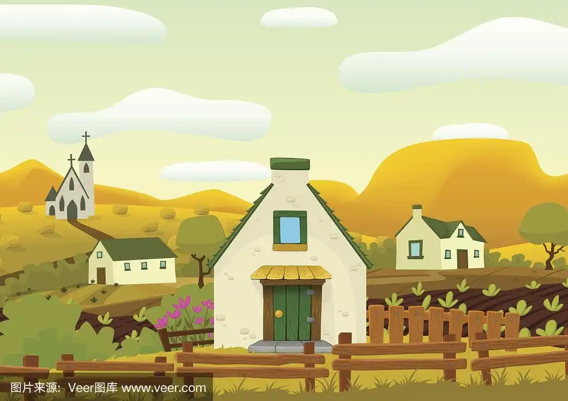 横泉村景观,矢量卡通插图