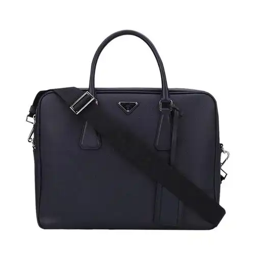 新品上架prada普拉达商务男士深蓝色牛皮公文包三角男士包袋