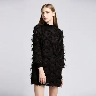 秋季新款16年欧洲站欧美风宽松显瘦时尚羽毛女装长袖打底裙连衣裙