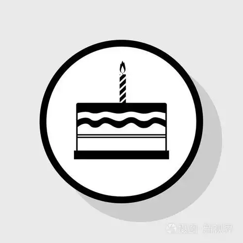 生日蛋糕标志.矢量.在与阴影在灰色背景的白色圆圈的平黑色图标