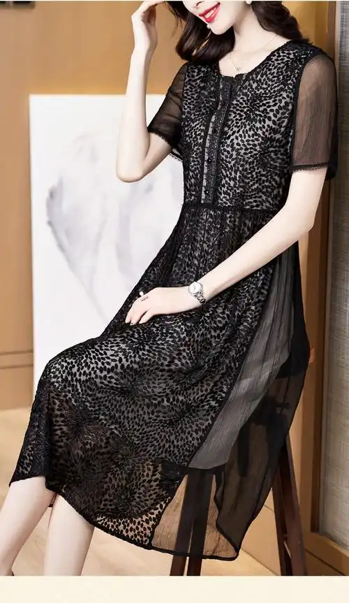 水墨佳人中老年妈妈真丝连衣裙2020夏季新款中长款桑蚕丝刺绣裙子