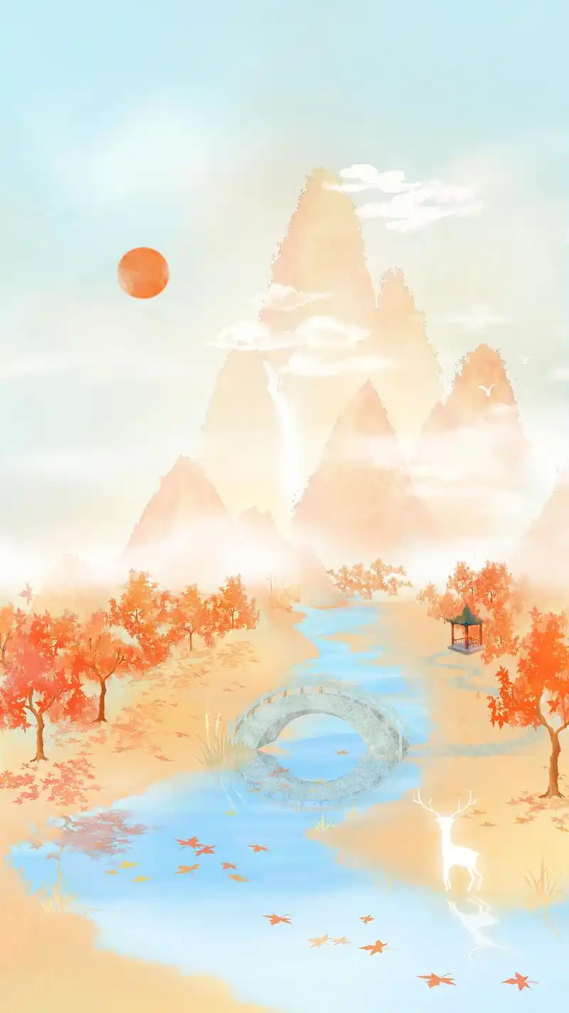 唯美卡通白露插画手绘秋天节气背景芦苇丛风景秋日秋季秋天竖版插画