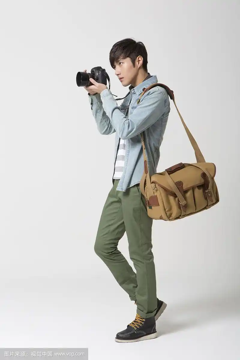 穿着休闲装的男人用相机拍照