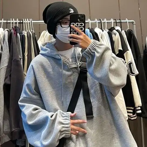 浪莎男装华夫格连帽卫衣男薄款大码潮流ins百搭情侣衫女长袖春季男士